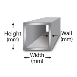 Square bar with height, wall, and width labeled.
